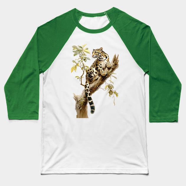 Spotted Elegance: The Clouded Leopard Baseball T-Shirt by TooplesArt